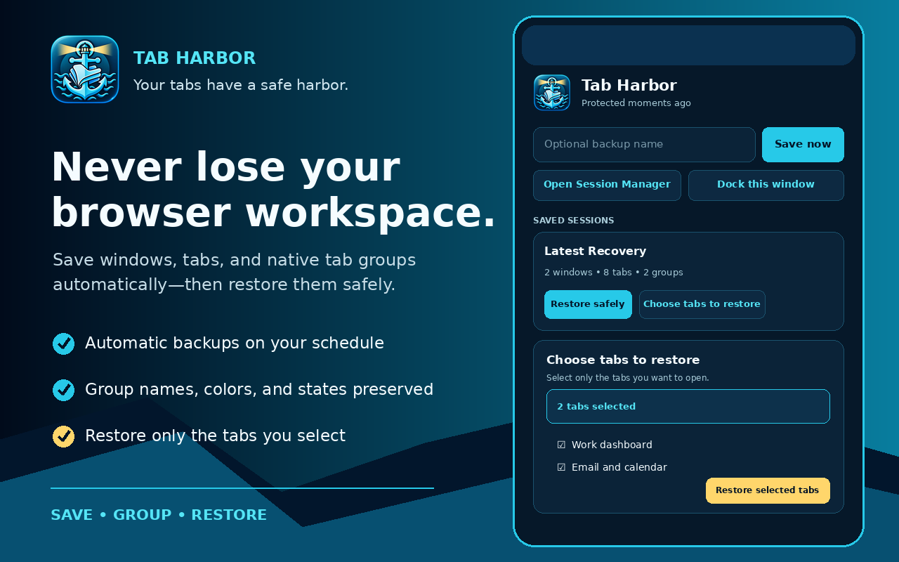 Tab Harbor Session Manager in the dark lighthouse color scheme